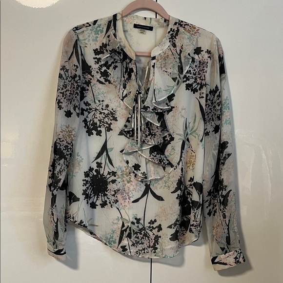 Tommy Hilfiger Floral Ruffle Blouse Lined White Black Turquoise Colors, Size M - Picture 1 of 12